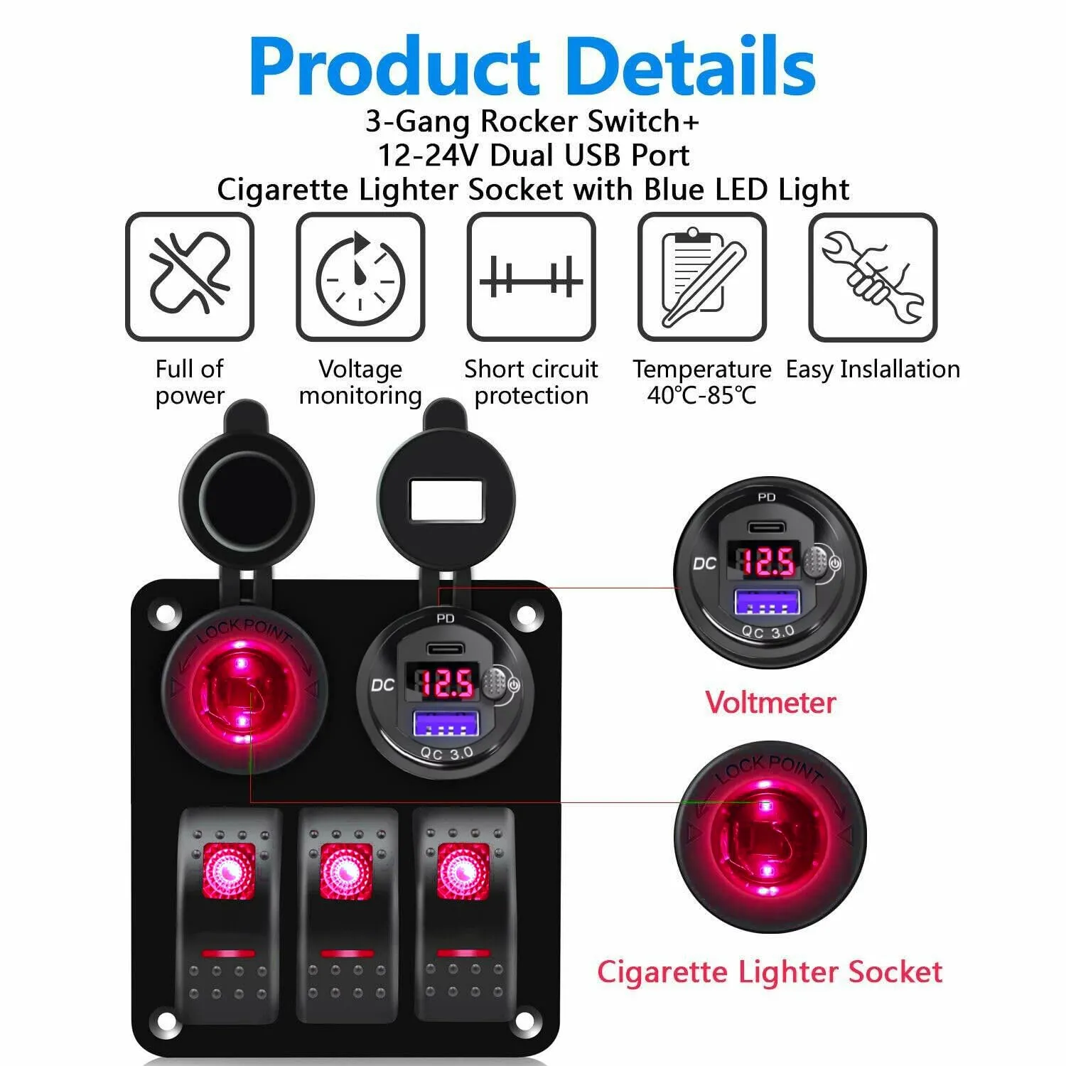 3 Gang Carling Marine Rocker Switch Panel PD Type-C USB Port Socket 12V-24V Car Cigarette Lighter Power Outlet Battery LED Voltmeter with Button, Boat Switch Panel Waterproof for Truck RV Bus (Red)