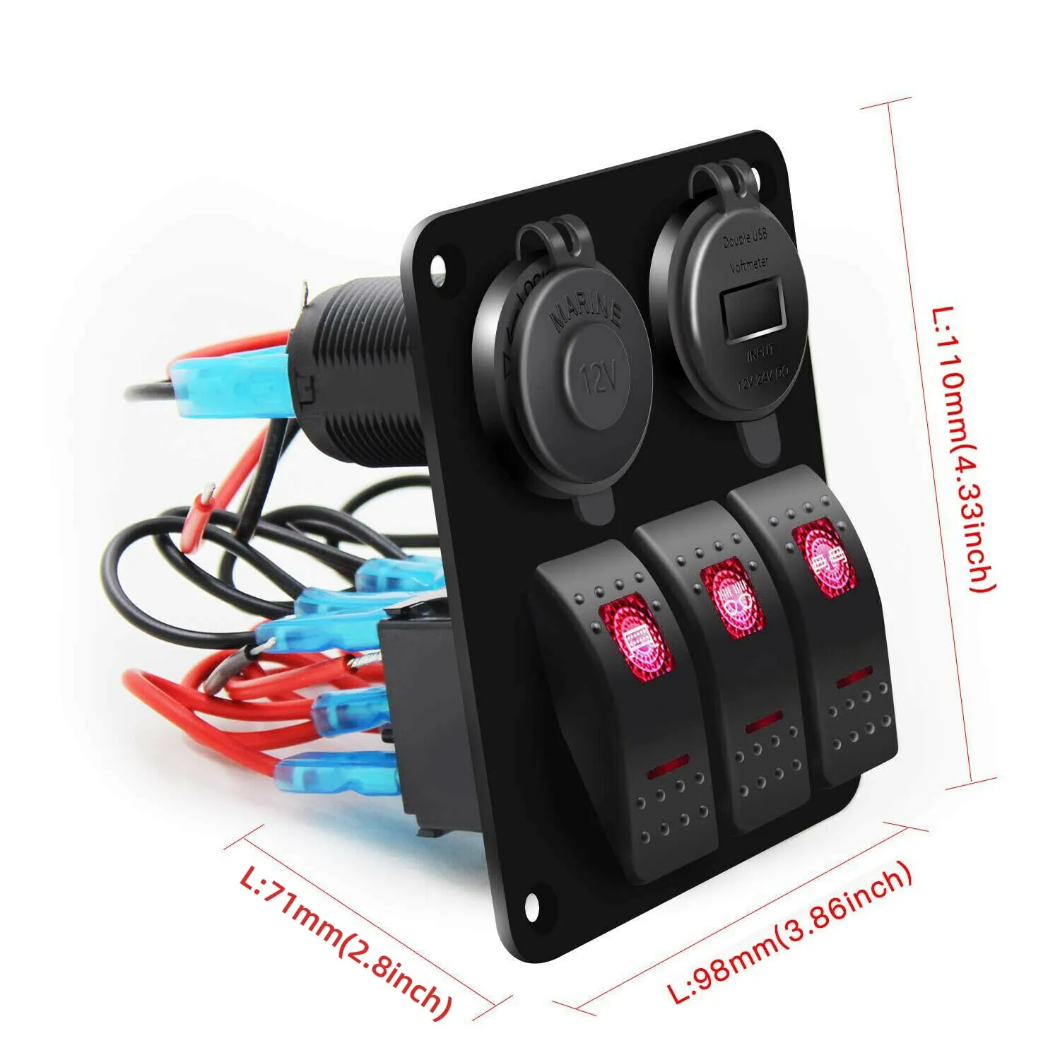 3 Gang Carling Marine Rocker Switch Panel PD Type-C USB Port Socket 12V-24V Car Cigarette Lighter Power Outlet Battery LED Voltmeter with Button, Boat Switch Panel Waterproof for Truck RV Bus (Red)