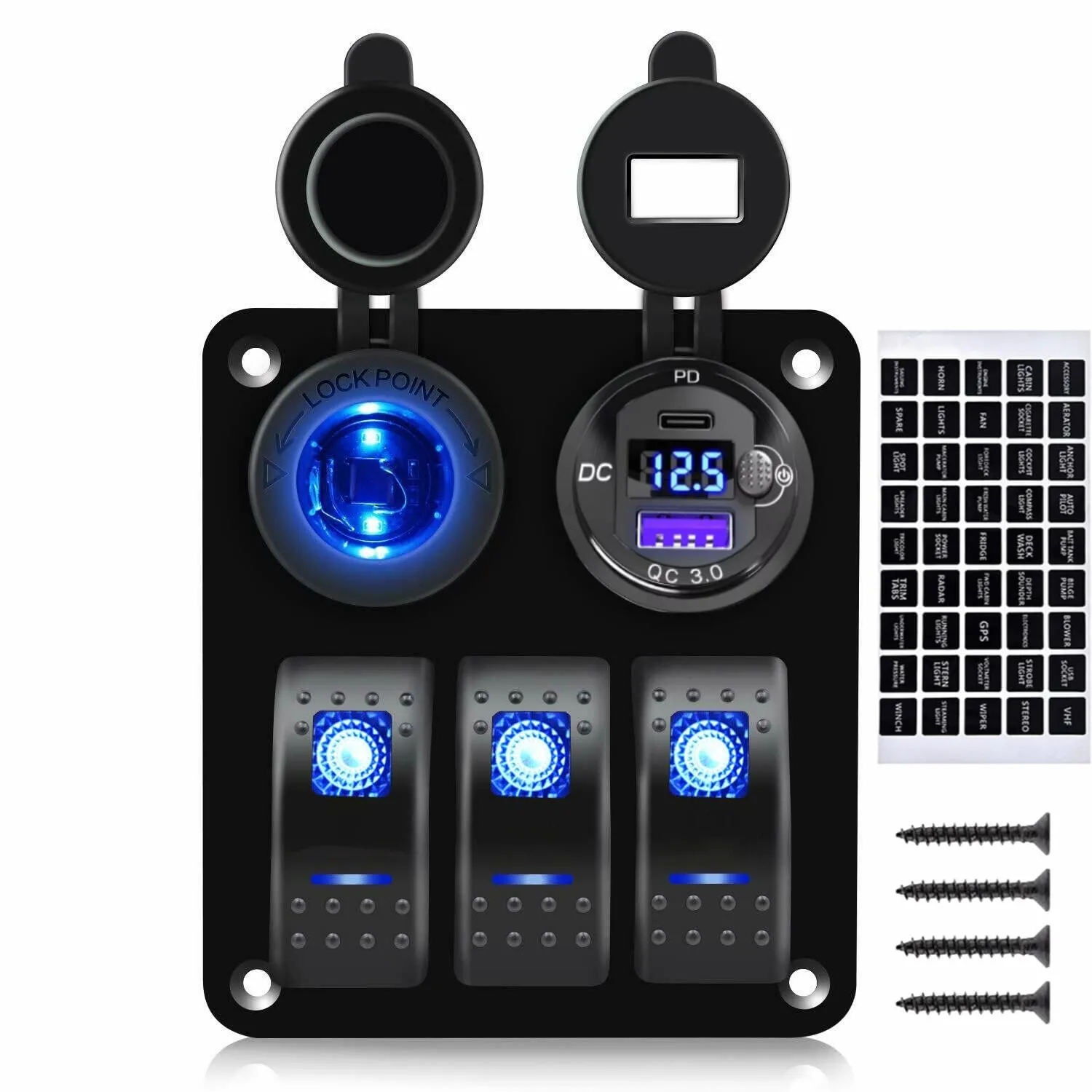 3 Gang Marine Rocker Switch Panel PD Type-C USB Port Socket 12V-24V Car Cigarette Lighter Power Outlet Battery LED Voltmeter with Button, Boat Switch Panel Waterproof for Truck RV Bus (Blue)