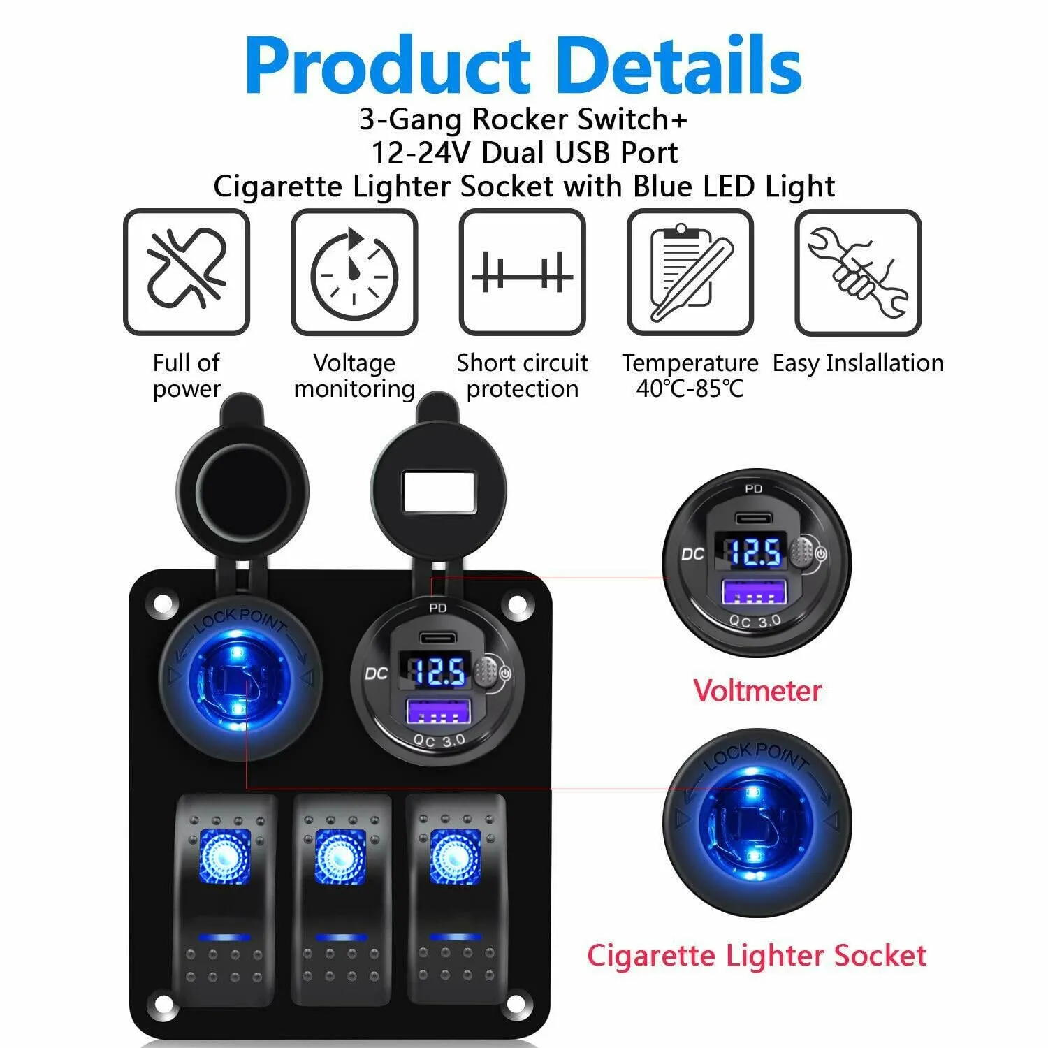 3 Gang Marine Rocker Switch Panel PD Type-C USB Port Socket 12V-24V Car Cigarette Lighter Power Outlet Battery LED Voltmeter with Button, Boat Switch Panel Waterproof for Truck RV Bus (Blue)
