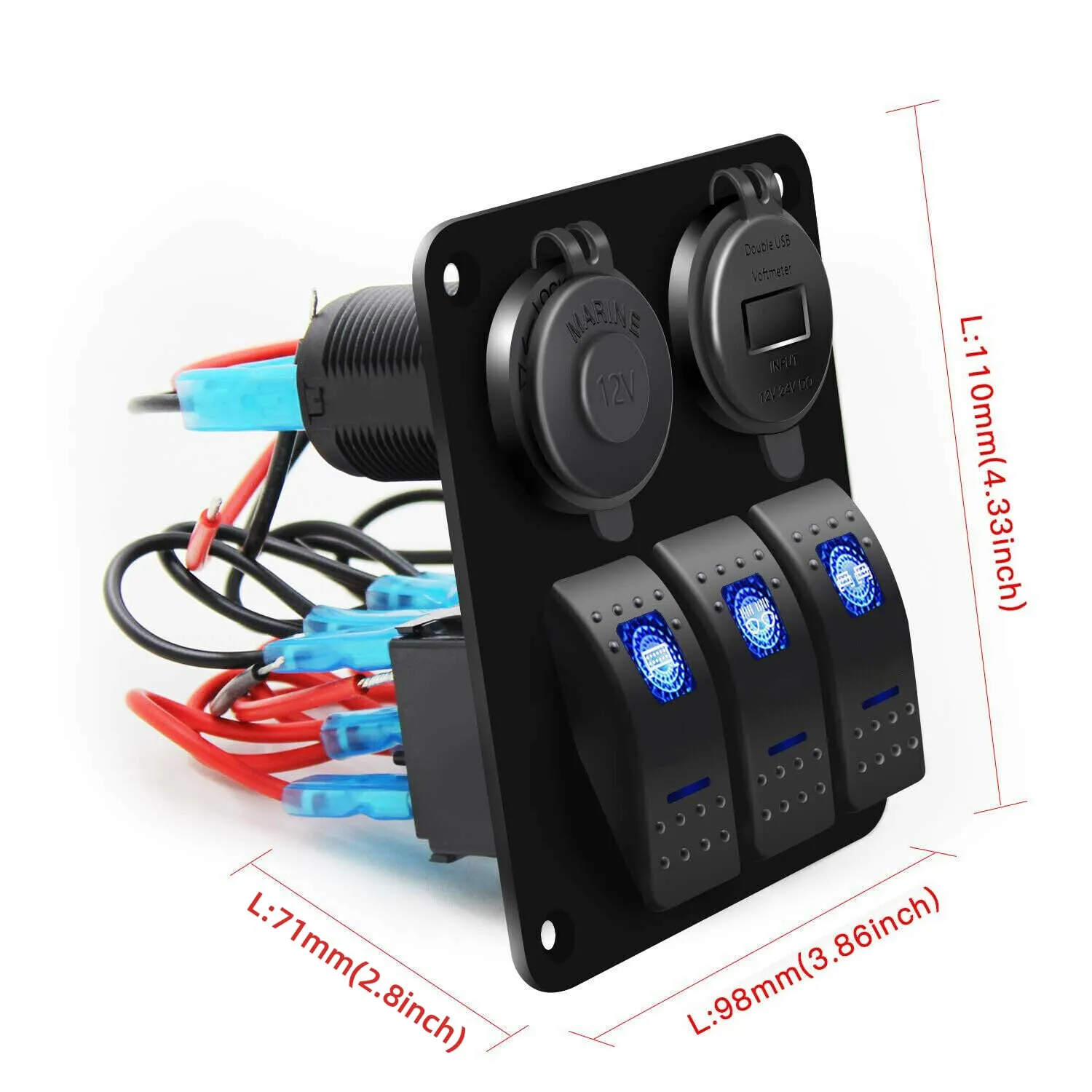 3 Gang Marine Rocker Switch Panel PD Type-C USB Port Socket 12V-24V Car Cigarette Lighter Power Outlet Battery LED Voltmeter with Button, Boat Switch Panel Waterproof for Truck RV Bus (Blue)