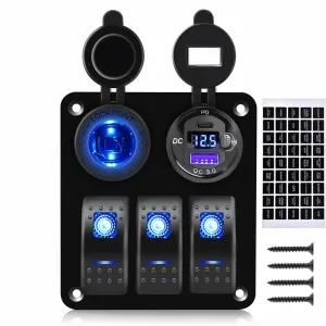 3 Gang Marine Rocker Switch Panel PD Type-C USB Port Socket 12V-24V Car Cigarette Lighter Power Outlet Battery LED Voltmeter with Button, Boat Switch Panel Waterproof for Truck RV Bus (Blue)