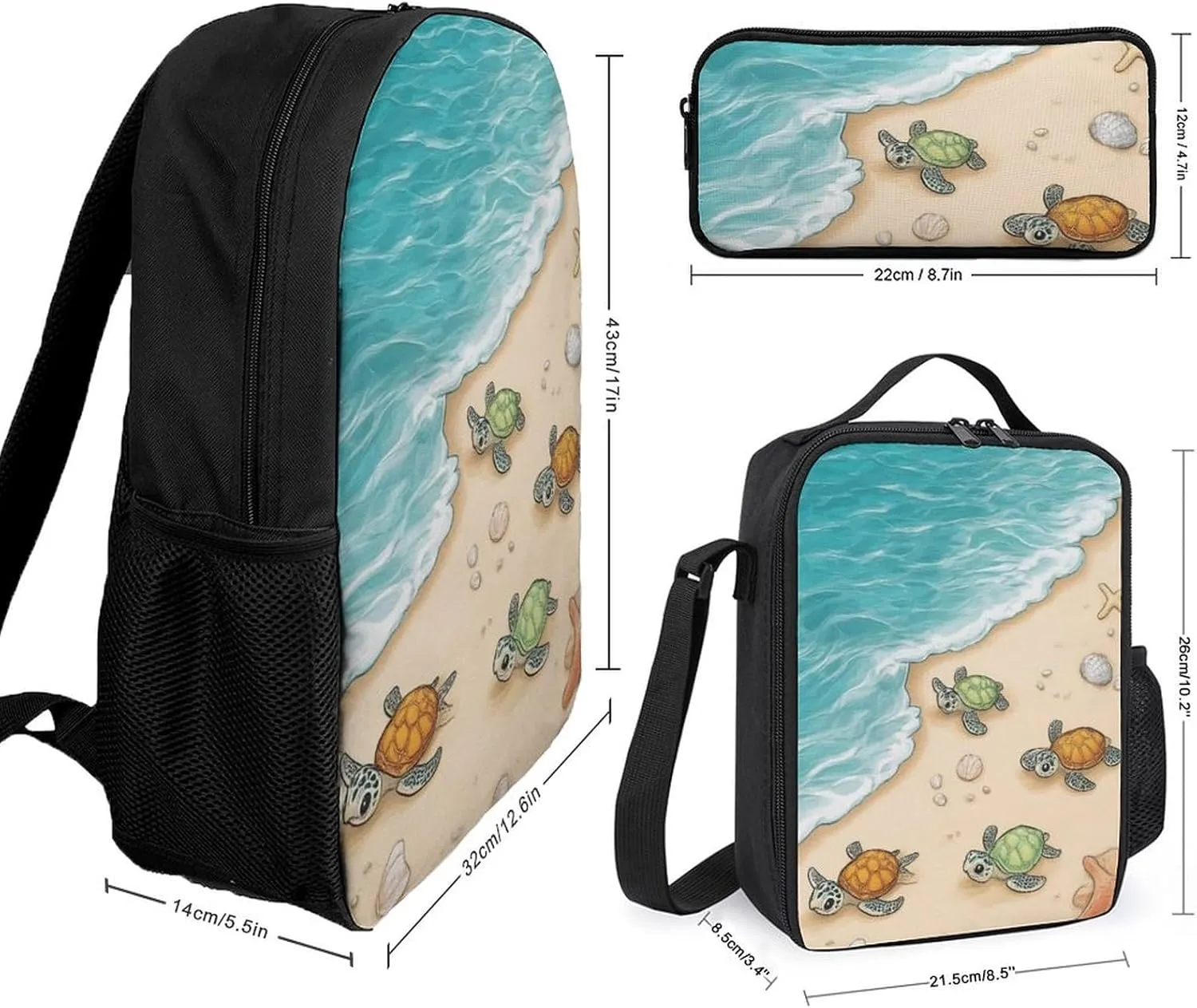 3 Pcs Backpack Set Travel Backpack Casual 17 Inch Daypack Beach Turtles College Bookbag with Insulated Lunch Bag and Pencil Pouch