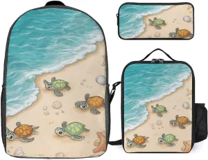3 Pcs Backpack Set Travel Backpack Casual 17 Inch Daypack Beach Turtles College Bookbag with Insulated Lunch Bag and Pencil Pouch