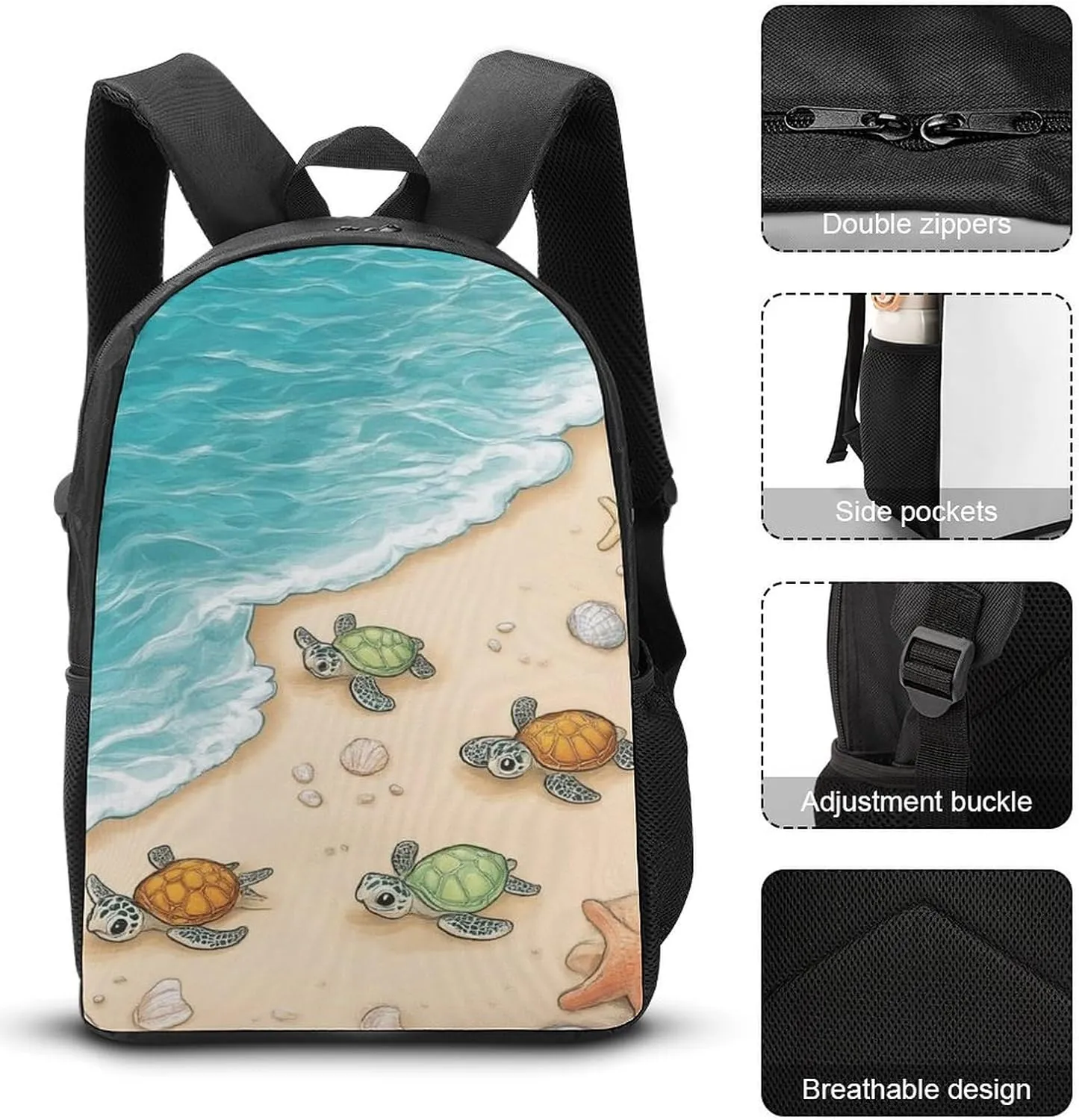 3 Pcs Backpack Set Travel Backpack Casual 17 Inch Daypack Beach Turtles College Bookbag with Insulated Lunch Bag and Pencil Pouch