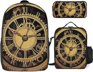 3 Pcs Cool Steampunk Gears Backpack Set with Insulated Lunch Bag Pencil Case 17 Inch Large Capacity Bookbag Daypack Pencil Pen Bag