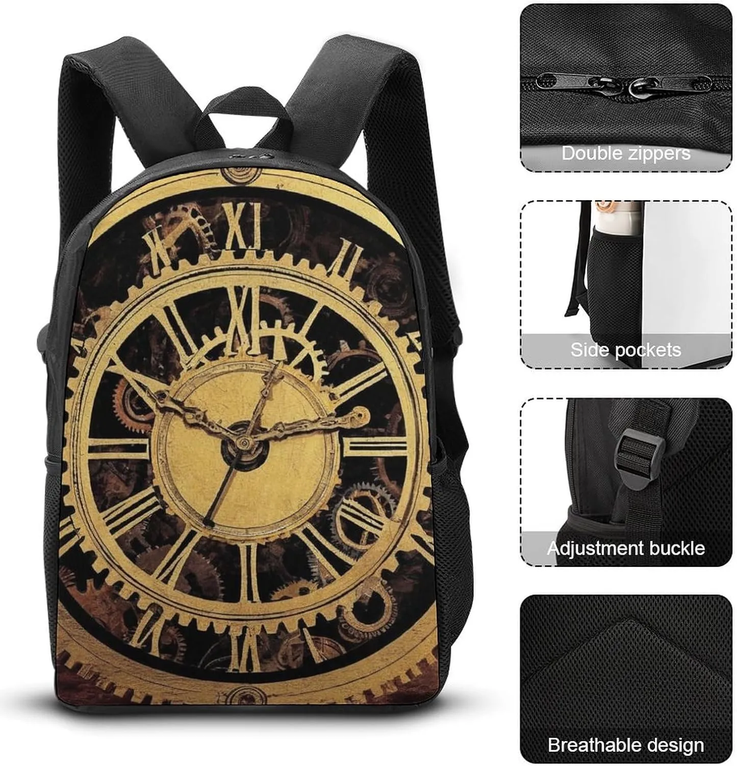3 Pcs Cool Steampunk Gears Backpack Set with Insulated Lunch Bag Pencil Case 17 Inch Large Capacity Bookbag Daypack Pencil Pen Bag
