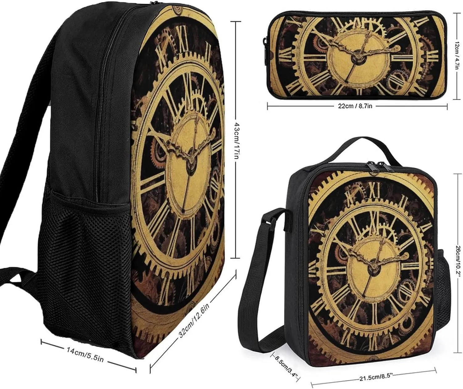 3 Pcs Cool Steampunk Gears Backpack Set with Insulated Lunch Bag Pencil Case 17 Inch Large Capacity Bookbag Daypack Pencil Pen Bag
