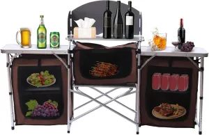 31.5 in Camping Kitchen Table, 4 Tier Aluminum Portable Folding Grill Table with 3 Storage Organizer & Detachable Windscreen, Camping Kitchen Station with 26 in Tabletop & 2 Side Tables