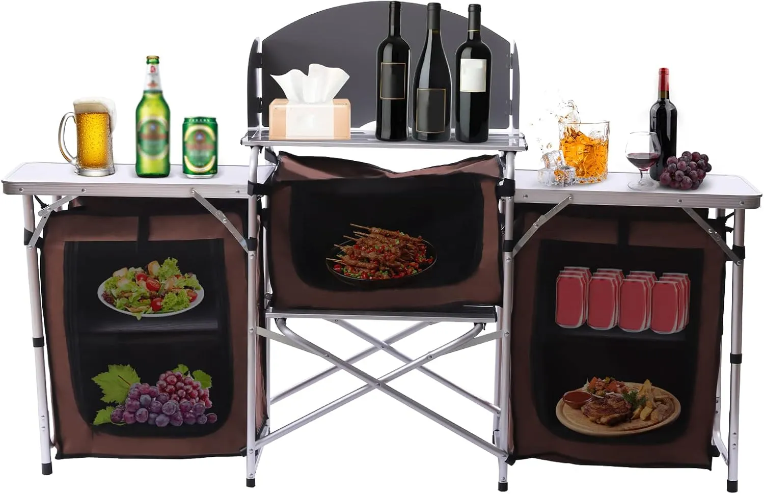 31.5 in Camping Kitchen Table, 4 Tier Aluminum Portable Folding Grill Table with 3 Storage Organizer & Detachable Windscreen, Camping Kitchen Station with 26 in Tabletop & 2 Side Tables