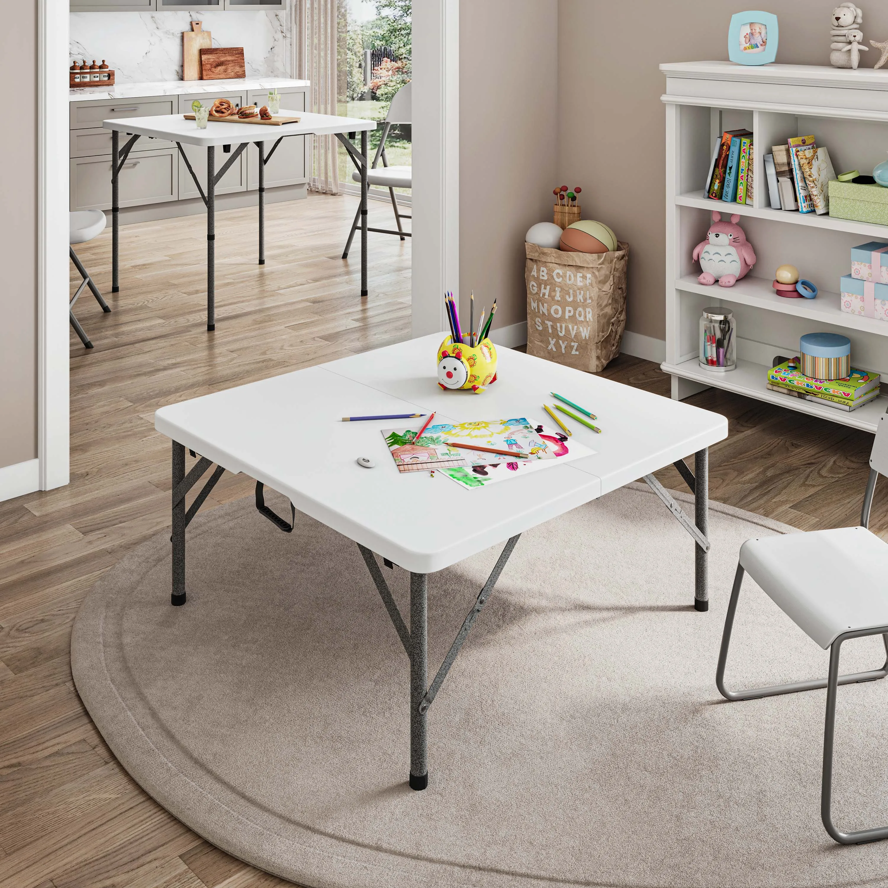 34” Square Folding Table, Height Adjustable Foldable Table with Easy-Carry Handle