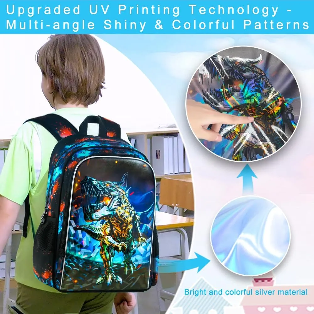 3PCS Dinosaur Backpack for Boys, 16 Inch Kids Water Resistant Preschool Elementary Kindergarten Bookbags and Lunch Box