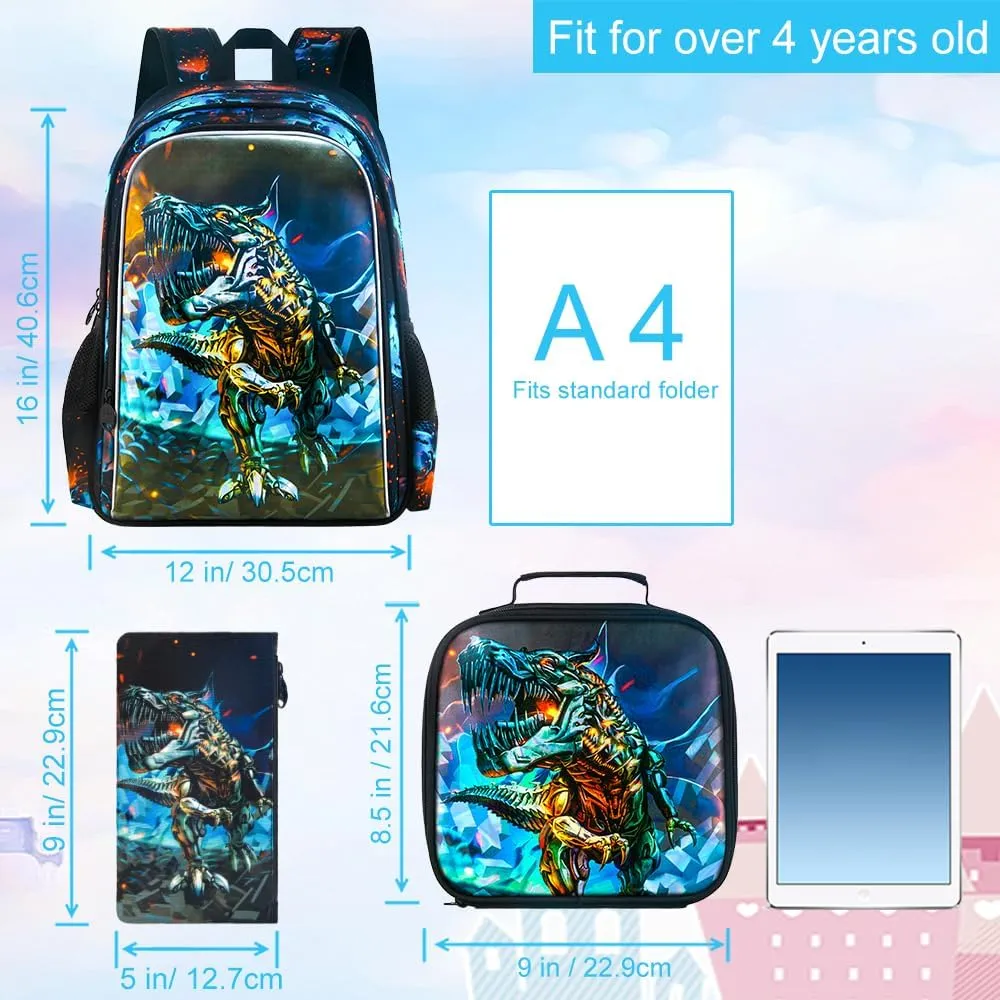 3PCS Dinosaur Backpack for Boys, 16 Inch Kids Water Resistant Preschool Elementary Kindergarten Bookbags and Lunch Box