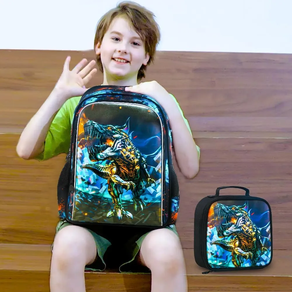 3PCS Dinosaur Backpack for Boys, 16 Inch Kids Water Resistant Preschool Elementary Kindergarten Bookbags and Lunch Box