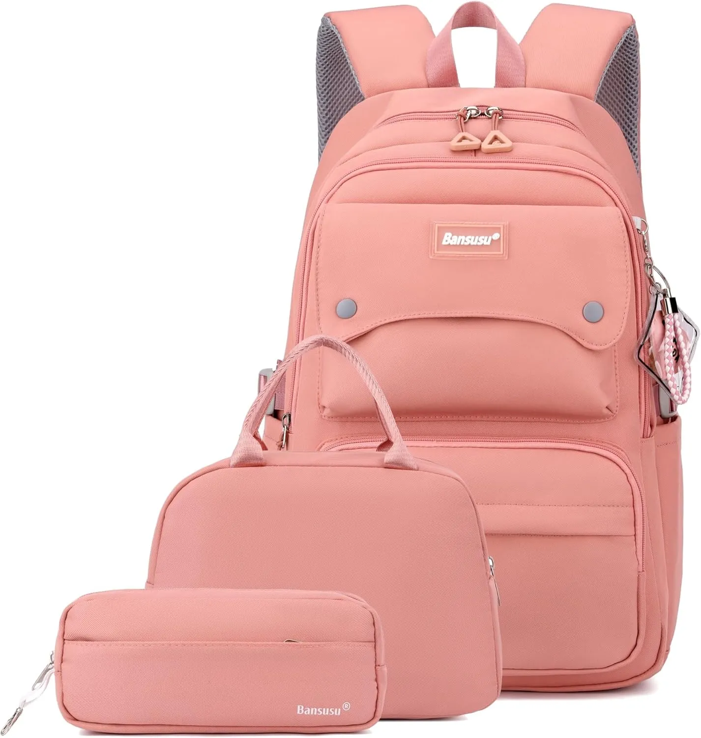 3Pcs Pink Kids Backpack and Lunch Bag Set for Girls, Solid Color School Bag Backpack with Lunchbox, Pink