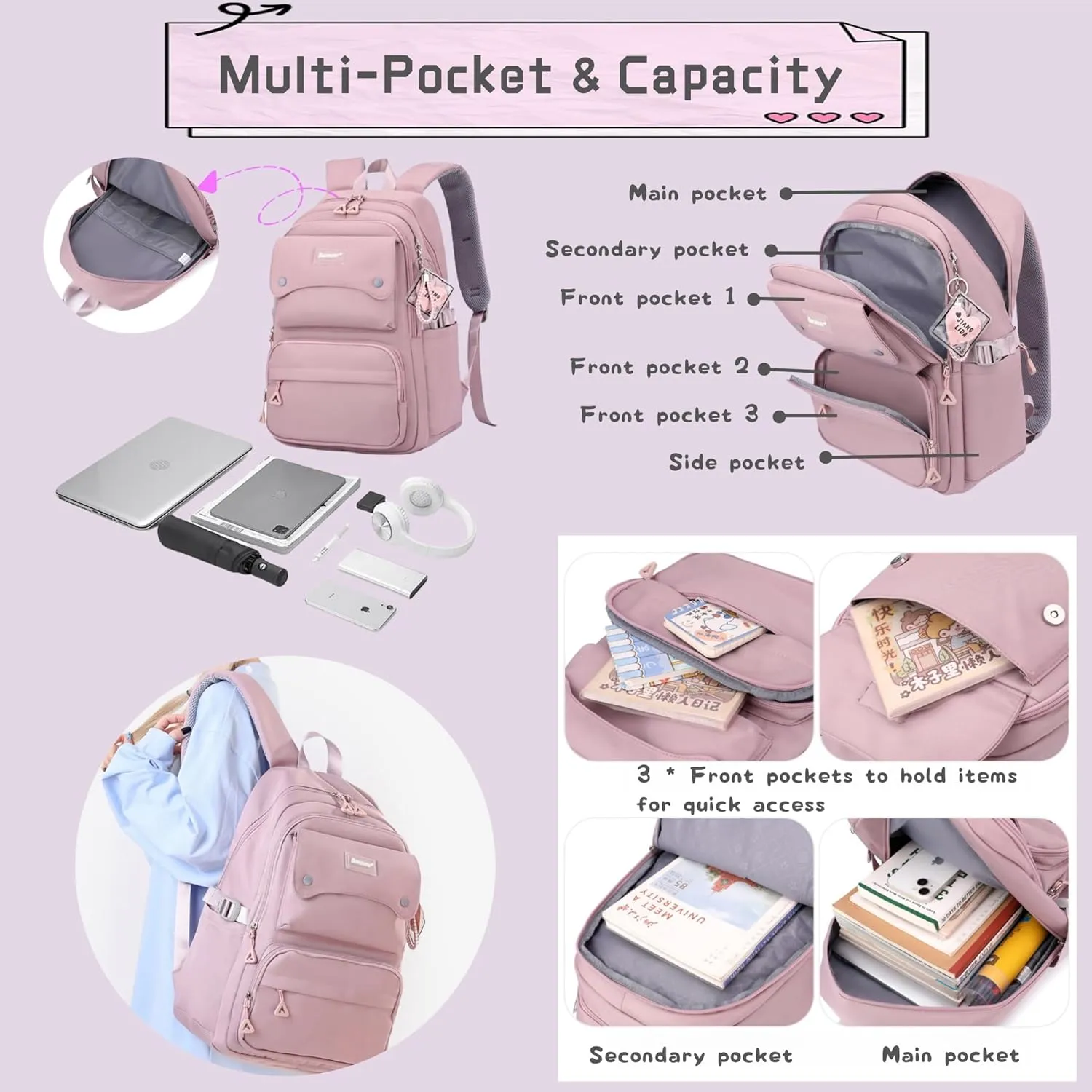 3Pcs Pink Kids Backpack and Lunch Bag Set for Girls, Solid Color School Bag Backpack with Lunchbox, Pink