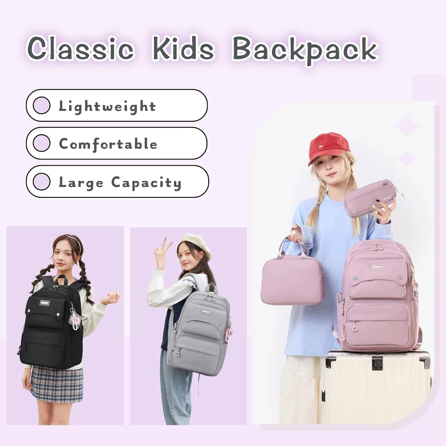 3Pcs Pink Kids Backpack and Lunch Bag Set for Girls, Solid Color School Bag Backpack with Lunchbox, Pink