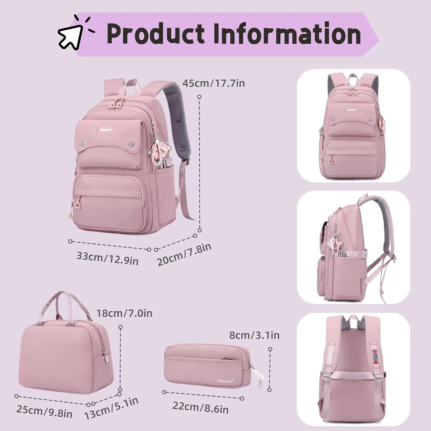 3Pcs Pink Kids Backpack and Lunch Bag Set for Girls, Solid Color School Bag Backpack with Lunchbox, Pink