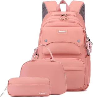 3Pcs Pink Kids Backpack and Lunch Bag Set for Girls, Solid Color School Bag Backpack with Lunchbox, Pink
