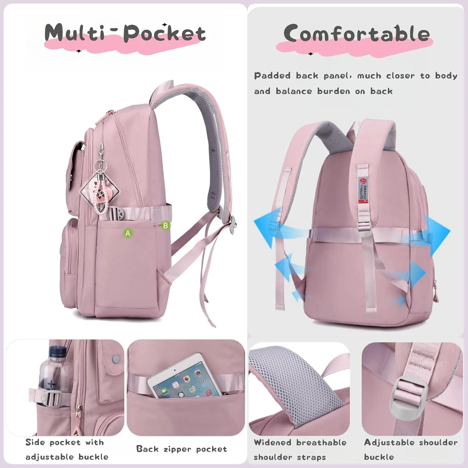3Pcs Pink Kids Backpack and Lunch Bag Set for Girls, Solid Color School Bag Backpack with Lunchbox, Pink