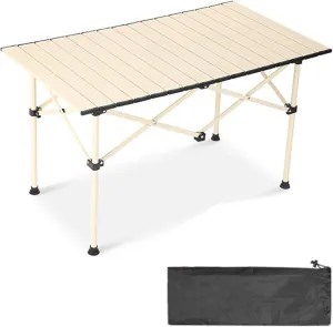 4-6 People Camping Table, Roll-Up Lightweight Picnic Table with Large Aluminum Tabletop & Carrying Bag, Portable Outdoor Folding Table for Hiking, Backpacking & Fishing(Carbon Steel Wood Gra