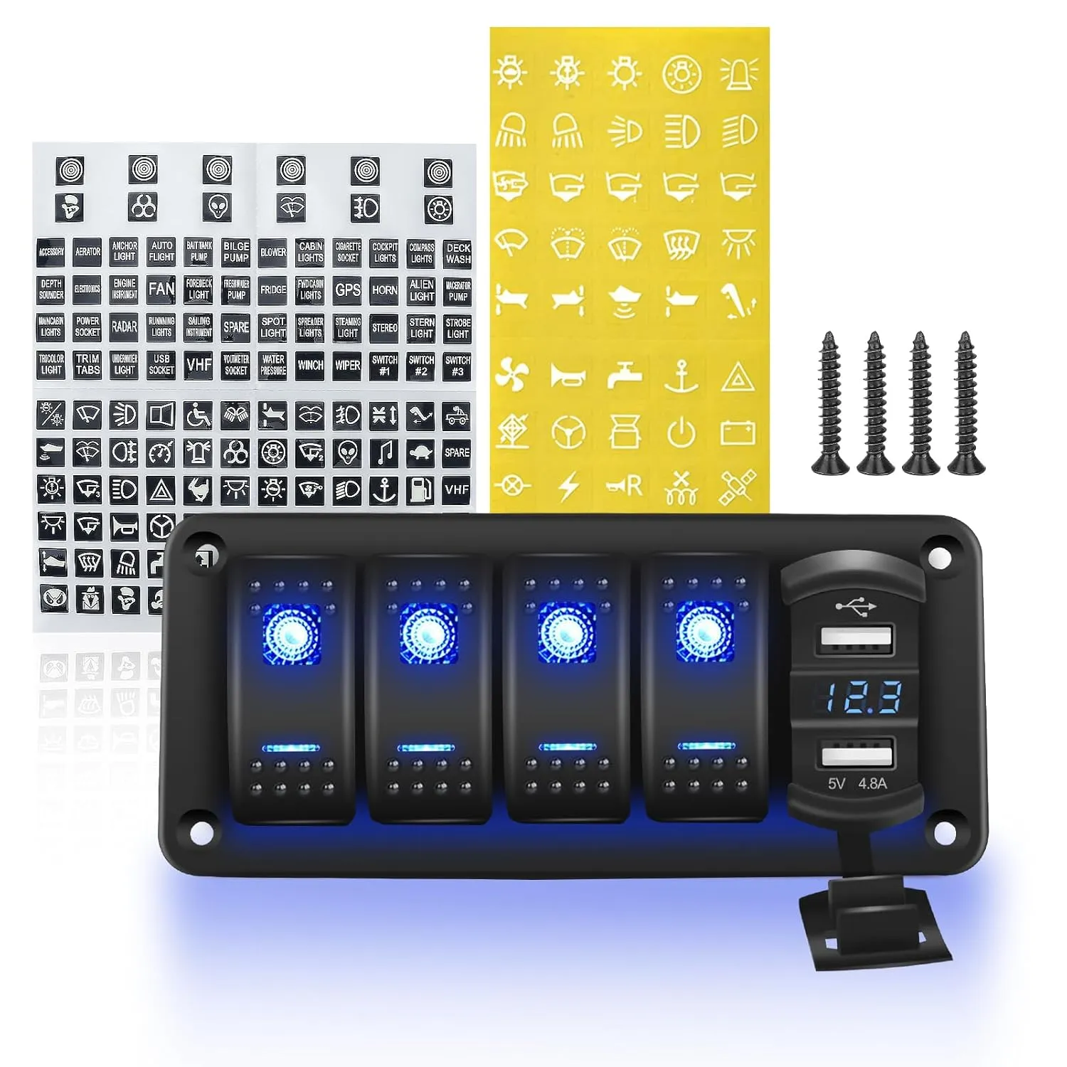 4 Gang Rocker Switch Panel with 4.8 A Dual USB Charger and Voltmeter Pre-Wired Waterproof 12V/24V DC Aluminum Switch Panel with 132PCS Night Glow Stickers for Cars UTVs ATVs Trucks Boats RVs