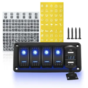 4 Gang Rocker Switch Panel with 4.8 A Dual USB Charger and Voltmeter Pre-Wired Waterproof 12V/24V DC Aluminum Switch Panel with 132PCS Night Glow Stickers for Cars UTVs ATVs Trucks Boats RVs