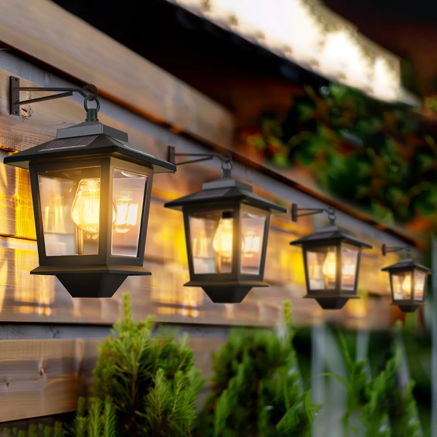 4 Pack Solar Wall Lanterns,Solar Lanterns Outdoor Waterproof with 4 Solar Panels,Hanging Solar Lights with Replaceable Bulb,Anti-Rust Solar Porch Lights Outdoor with Hooks,3000K Warm White