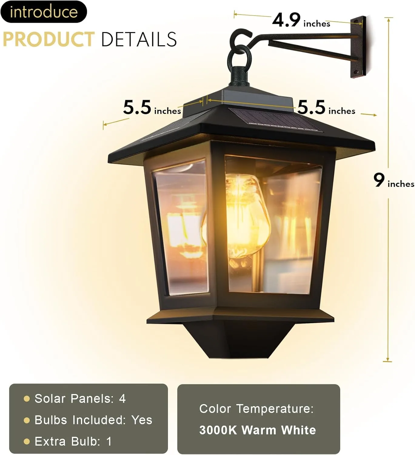 4 Pack Solar Wall Lanterns,Solar Lanterns Outdoor Waterproof with 4 Solar Panels,Hanging Solar Lights with Replaceable Bulb,Anti-Rust Solar Porch Lights Outdoor with Hooks,3000K Warm White
