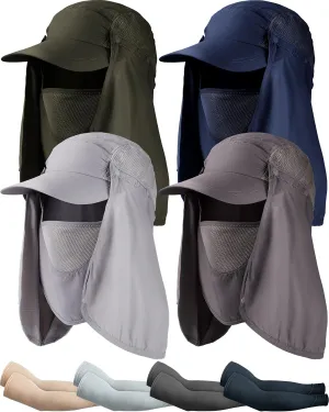 4 Set Sun Hat Fishing Hats UPF 50  Outdoor Hiking Hat UV Sun Protection Hat with Neck Flap Face Mask and 4 Pack Arm Sleeves