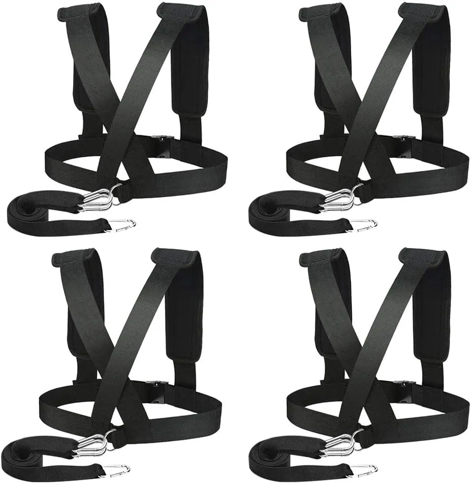 4 x Sled Harness Tire Pulling Strap with Padded Shoulder Strap and Heavy Duty Training Hooks for Fitness Resistance Training