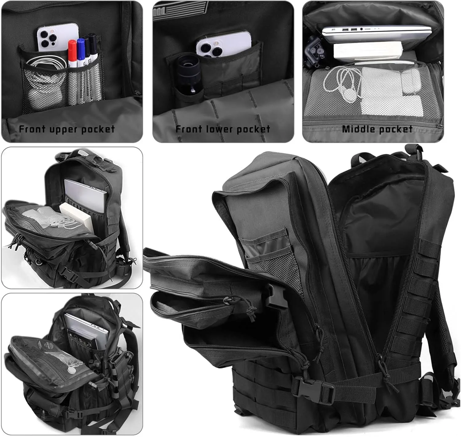 45L Military Tactical Backpack For Men Highland Assault Army Pack 3 Day Molle Bug Out Bag With Water Cup Pouch Large Camping Hiking Rucksack Work Daypack Black