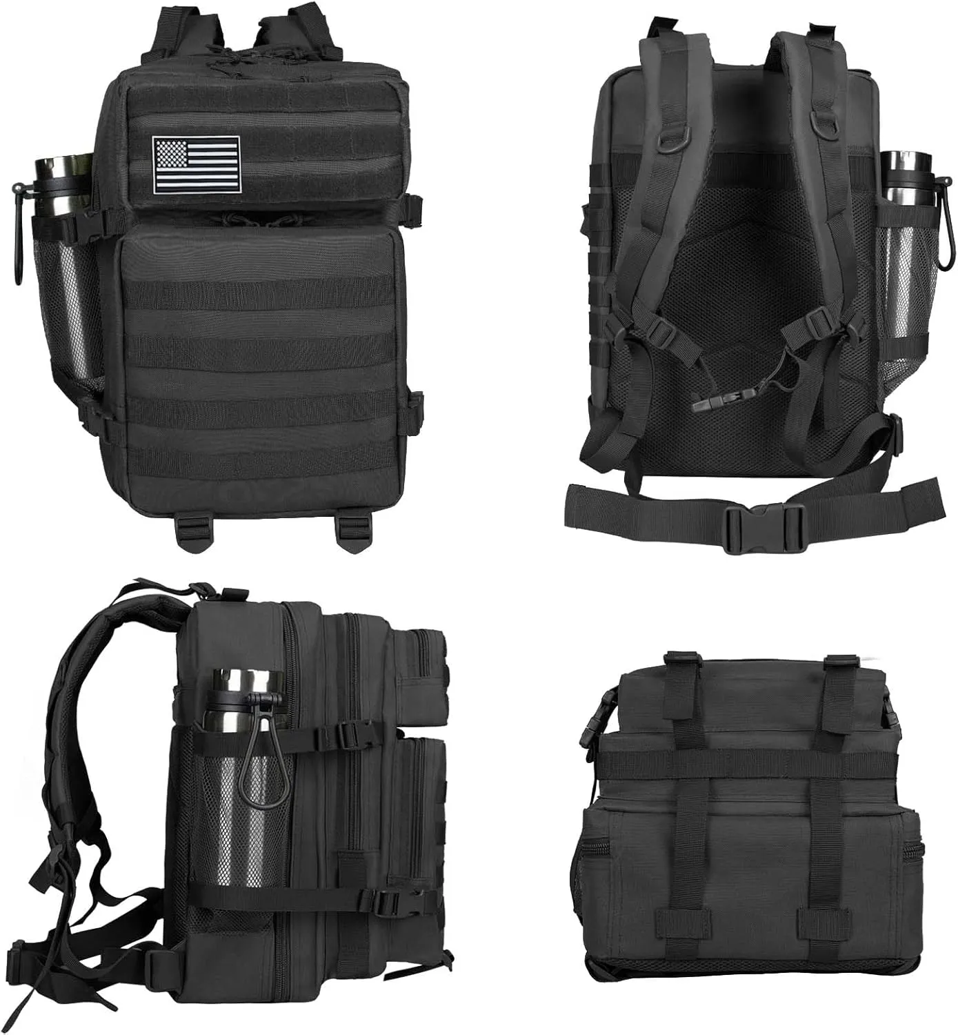 45L Military Tactical Backpack For Men Highland Assault Army Pack 3 Day Molle Bug Out Bag With Water Cup Pouch Large Camping Hiking Rucksack Work Daypack Black