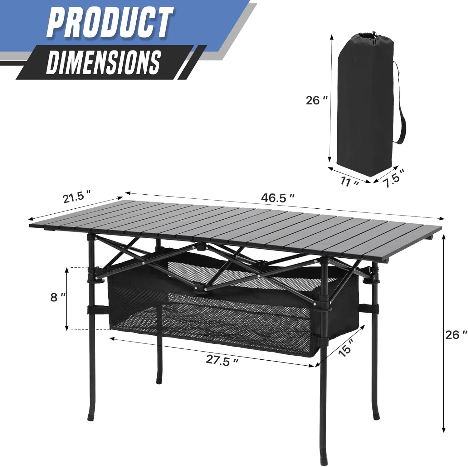 47" Folding Camping Table with Storage Basket, Portable Picnic Table with Carrying Bag, Foldable Roll Up Camp Table, Aluminum Tabletop, Grill Table for Picnic, Beach, Camping, Black