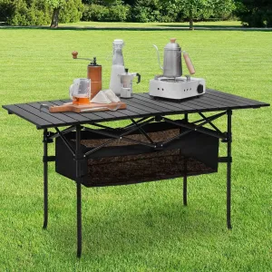 47" Folding Camping Table with Storage Basket, Portable Picnic Table with Carrying Bag, Foldable Roll Up Camp Table, Aluminum Tabletop, Grill Table for Picnic, Beach, Camping, Black