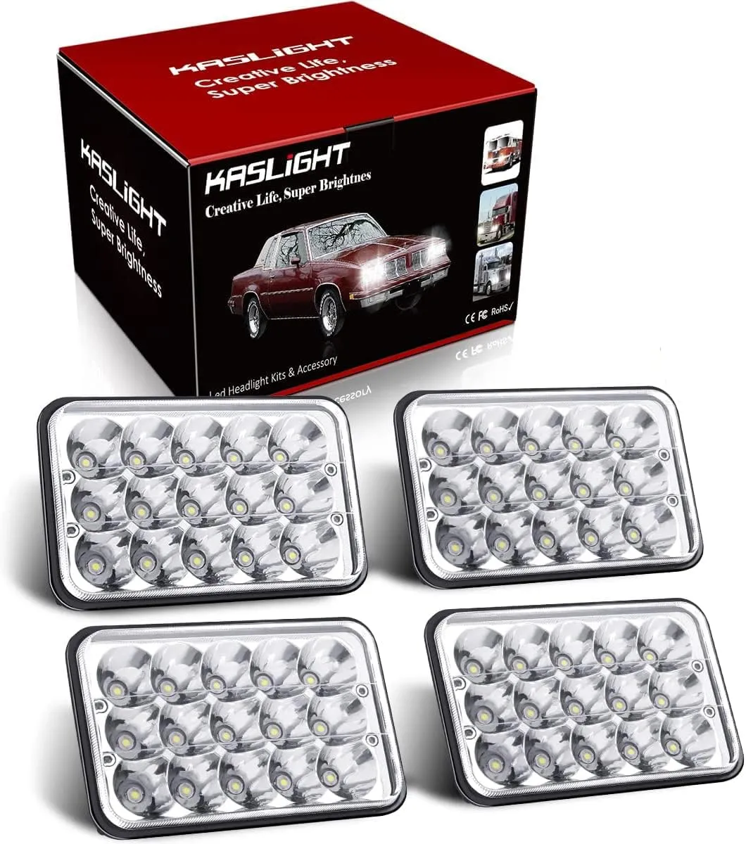 4pcs 4x6 LED Headlights, Rectangular 4x6 Headlights LED H4666 Peterbilt LED Headlights 379, H4656 LED Headlights 4651 for Kenworth Freightinger Ford Probe Chevrolet Oldsmobile Cutlass