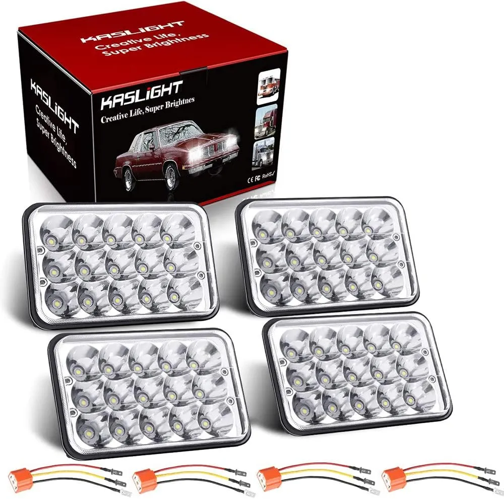 4pcs 4x6 Led Headlights w/ H4 Socket, 4651 Led Headlight Peterbilt Headlights Rectangular H4651 H4652 H4656 H4666 H6545 for Kenworth Freightinger Ford Probe Chevrolet Oldsmobile Cutlass