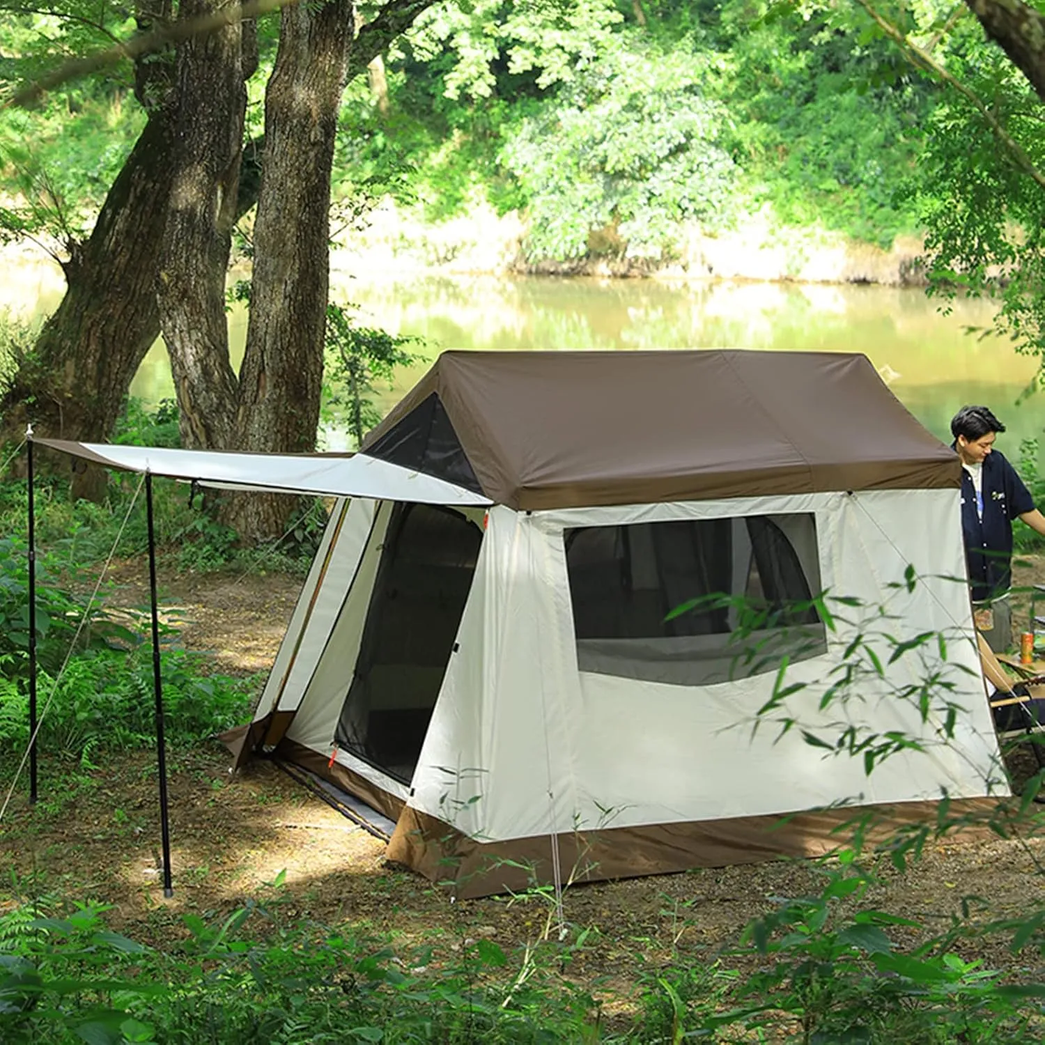 5-6 Person Camping Teepee Tent/Instant for Camping Windproof Dome Family Tents for Camping Hiking and Outdoor, Portable Tent with Carry Bag, for 3 Sea (Brown 310 * 210 * 260cm)