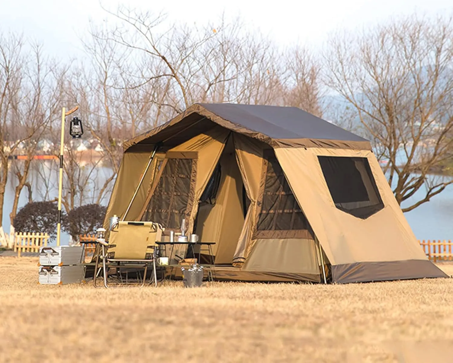 5-6 Person Camping Teepee Tent/Instant for Camping Windproof Dome Family Tents for Camping Hiking and Outdoor, Portable Tent with Carry Bag, for 3 Sea (Brown 310 * 210 * 260cm)