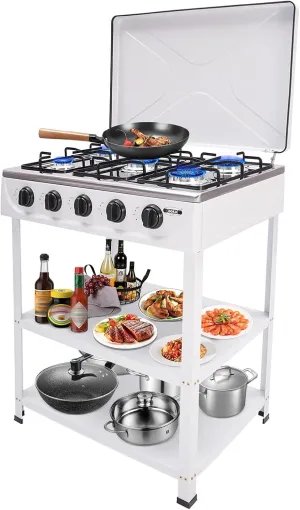 5 Burner Propane Camping Stove, Portable Camping Gas Stove with 2-Tier Storage Rack and Individual Temperature Control, Stove Stand for Outdoor BBQ & Garden Cooking (White)