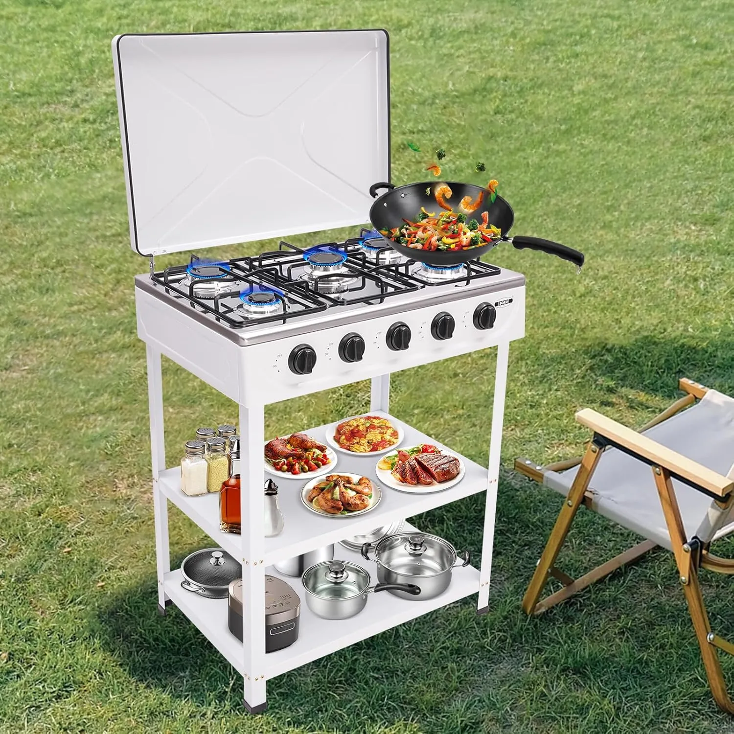5 Burner Propane Camping Stove, Portable Camping Gas Stove with 2-Tier Storage Rack and Individual Temperature Control, Stove Stand for Outdoor BBQ & Garden Cooking (White)
