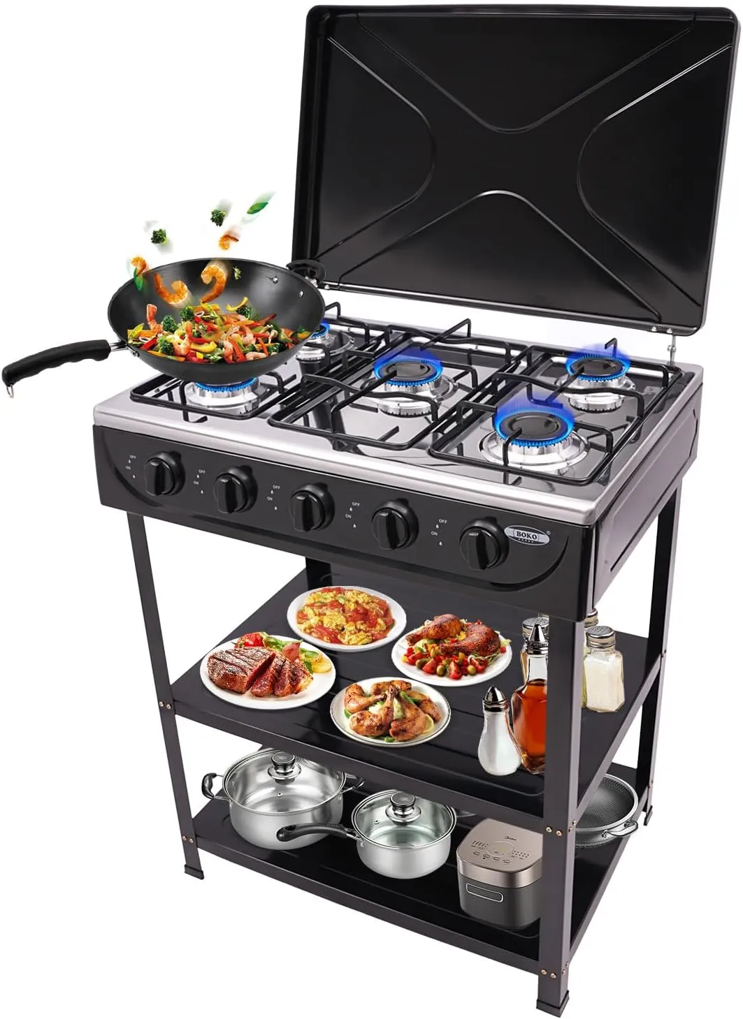 5 Burners Natural Gas Stove with Support Leg Stand and Wind Blocking Cover Natural Gas Stove Portable Propane Stove Portable Propane Burner For Outdoor Cooking Camping Rv & Apartment
