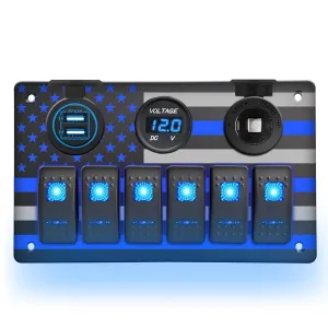 6 Gang Marine Rocker Switch Panel Waterproof Aluminum Switch Panel with American Flag Design, 5 Pin ON-Off Toggle Dual USB Charger Voltmeter Power Socket for Boats Automotive RV(Blue LED)