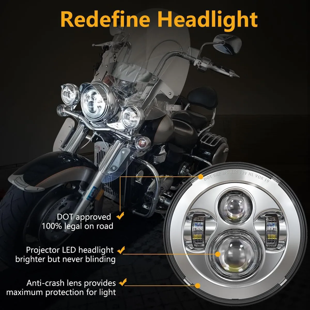 7 inch LED Headlight Fog Passing Lights DOT Kit Ring Motorcycle for Touring Road King Ultra Classic Electra Street Glide Tri Cvo Heritage Softail Slim Deluxe Fatboy Chrome