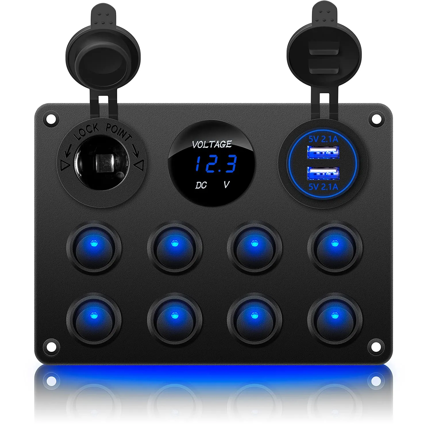 8 Gang Rocker Switch Panel 12V Waterproof Toggle Switch Panel Led Aluminum Digital Voltmeter Display 4.2A Dual USB Charger Port DC 12 & 24 Volt Socket for RV Car Vehicles Truck Boat Marine