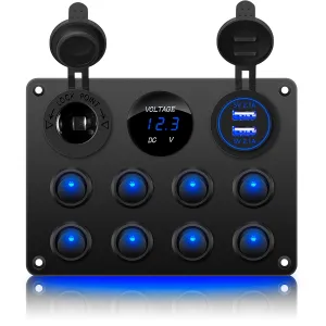 8 Gang Rocker Switch Panel 12V Waterproof Toggle Switch Panel Led Aluminum Digital Voltmeter Display 4.2A Dual USB Charger Port DC 12 & 24 Volt Socket for RV Car Vehicles Truck Boat Marine
