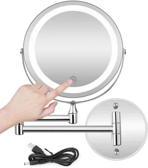 8 Inch Wall Mounted Lighted Makeup Mirror Double Sides 1X/10X Magnifying Vanity Mirror USB Charging Foldable Cosmetic Shaving Mirror with Touch Screen Dimming