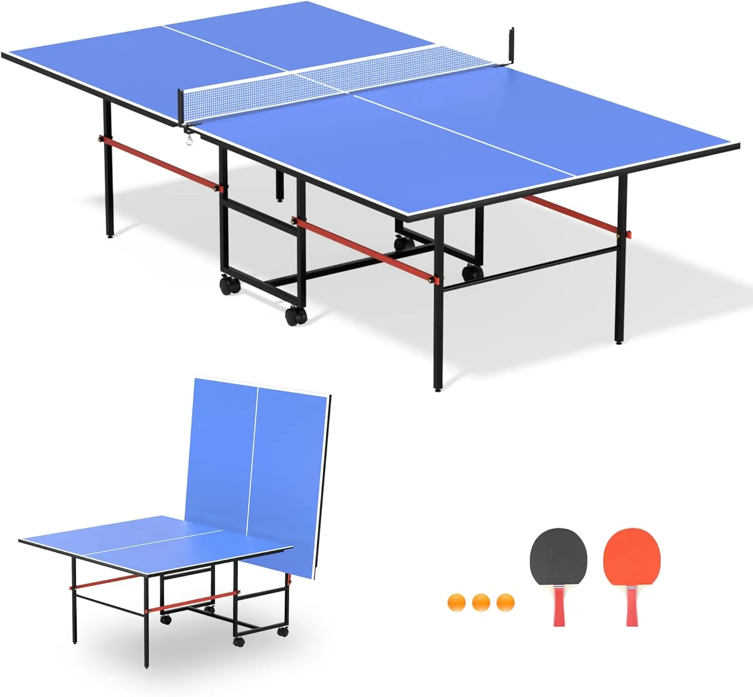 8ft Mid-Size Table Tennis Table,Multiple Styles, 2 Table Tennis Paddles and 3 Balls, Foldable for Easy Storage with Nets Included, Perfect for Family Game Rooms
