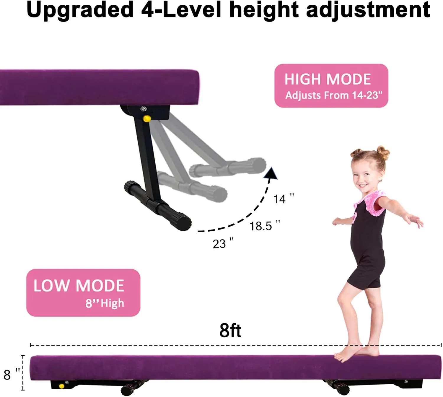 8ft Ultrasimple Adjustable&Foldable Balance Beam,High-Low Floor Beam Suede Gymnastics Equipment,No Tool Require, Gymnastics Beam for Training&Professional HomeTraining
