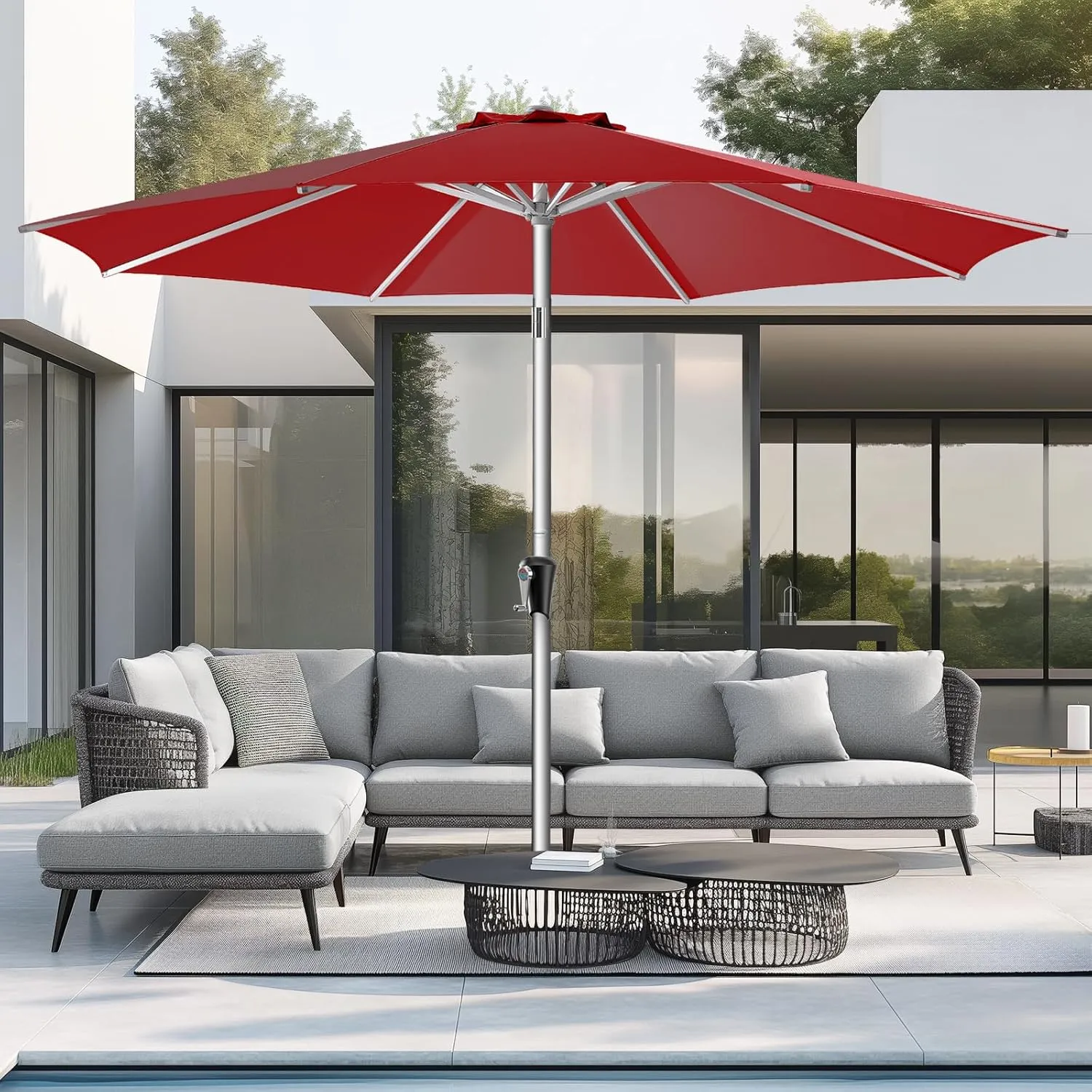 9ft Outdoor Patio Umbrella - Market Table Aluminum Umbrella, 5-Year Fade Resistant - UPF50  UV Protection with Push Button Tilt, Crank for Pool Deck and Garden (Burgundy Red)